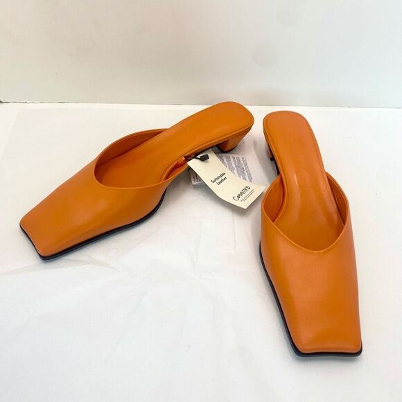 NWT MNG Mango Orange Leather Mules Heel Women’s 38 or 7.5 Pointed Square Toe - Picture 1 of 17